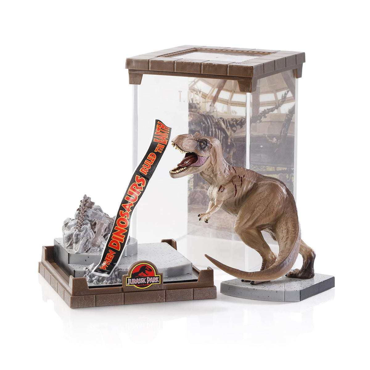 The Noble Collection Jurassic Park Tyrannosaurus Rex diorama pose on display shelf