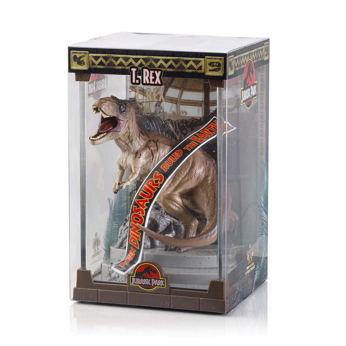 The Noble Collection Jurassic Park Tyrannosaurus Rex artistic paintwork from multiple angles