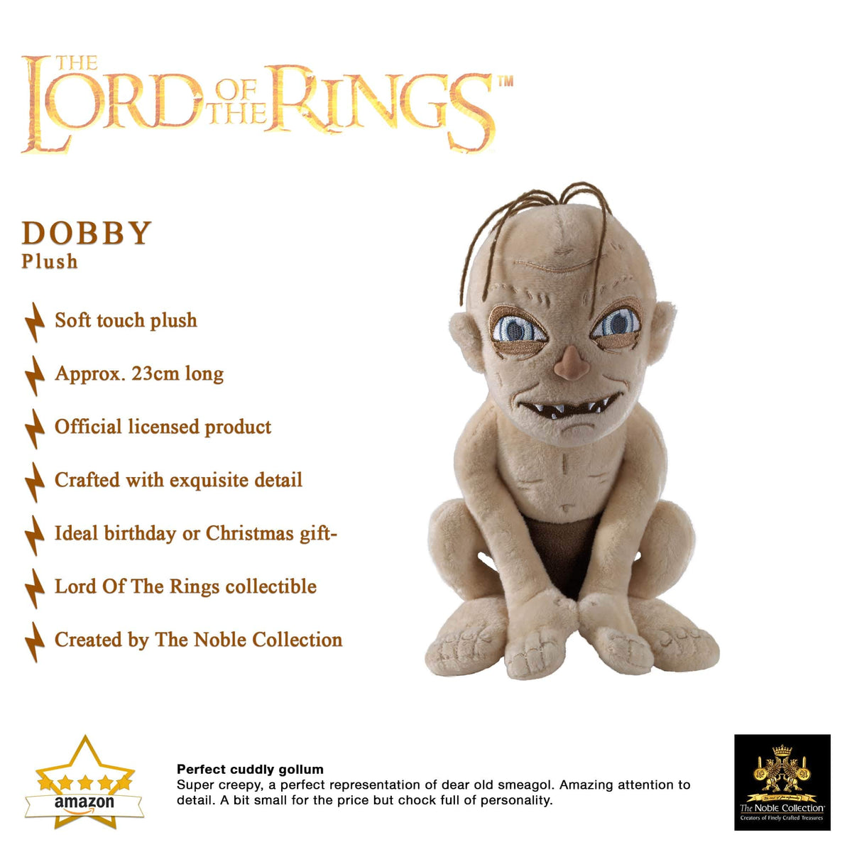 The Noble Collection Gollum plush face detail emphasizes character likeness