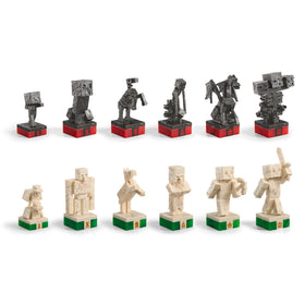 The Noble Collection Minecraft Chess Set textured pieces resembling marbled stone, obsidian, redstone, and emerald