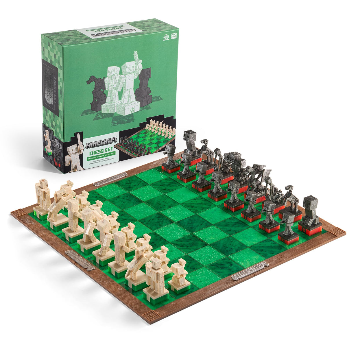 The Noble Collection Minecraft Chess Set wood-like frame around green playing surface