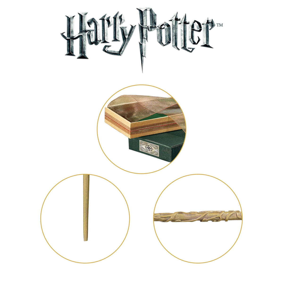 The Noble Collection wand on a shelf display for collectors.