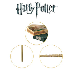 The Noble Collection wand on a shelf display for collectors.