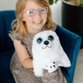 The Petting Zoo 14-inch seal plush is a portable friend for adventures.
