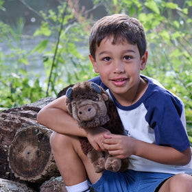 The Petting Zoo child playing with bison plush for imaginative pretend play.