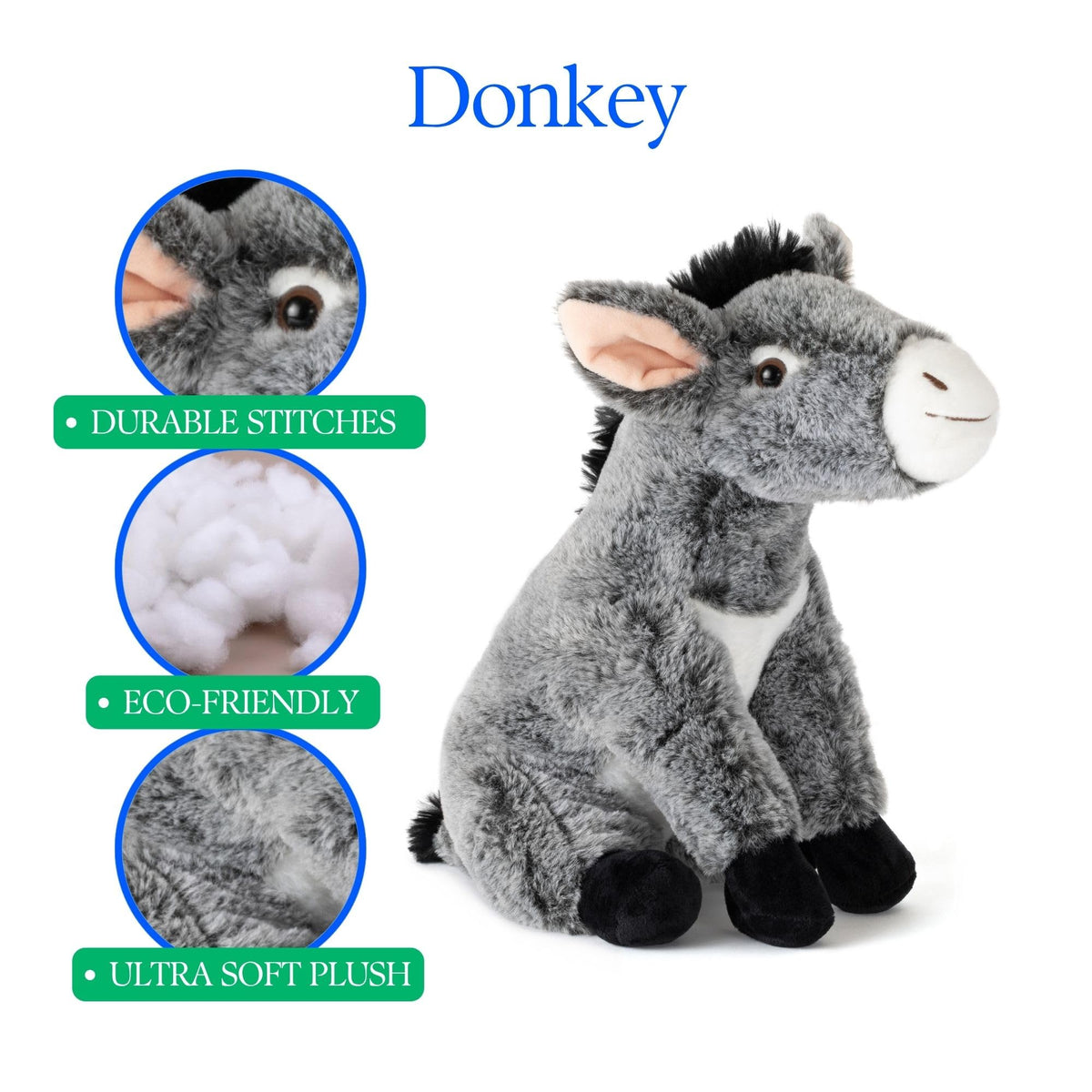 The Petting Zoo donkey plush recycled materials option for sustainable toy.