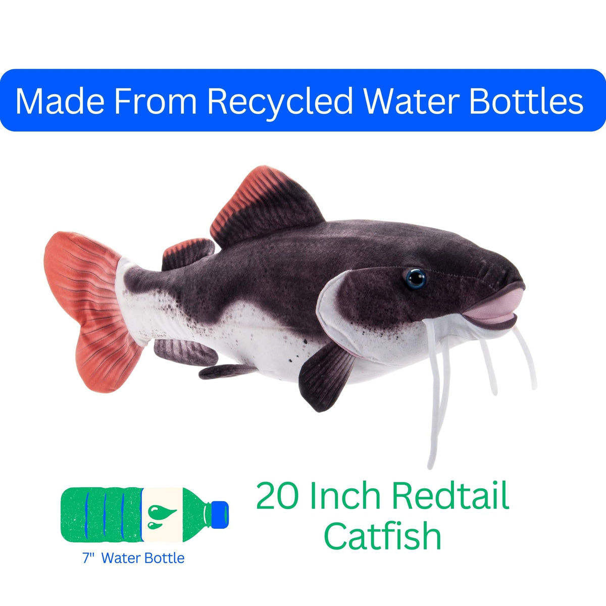 The Petting Zoo eco-filled catfish plush supports recycled filling.