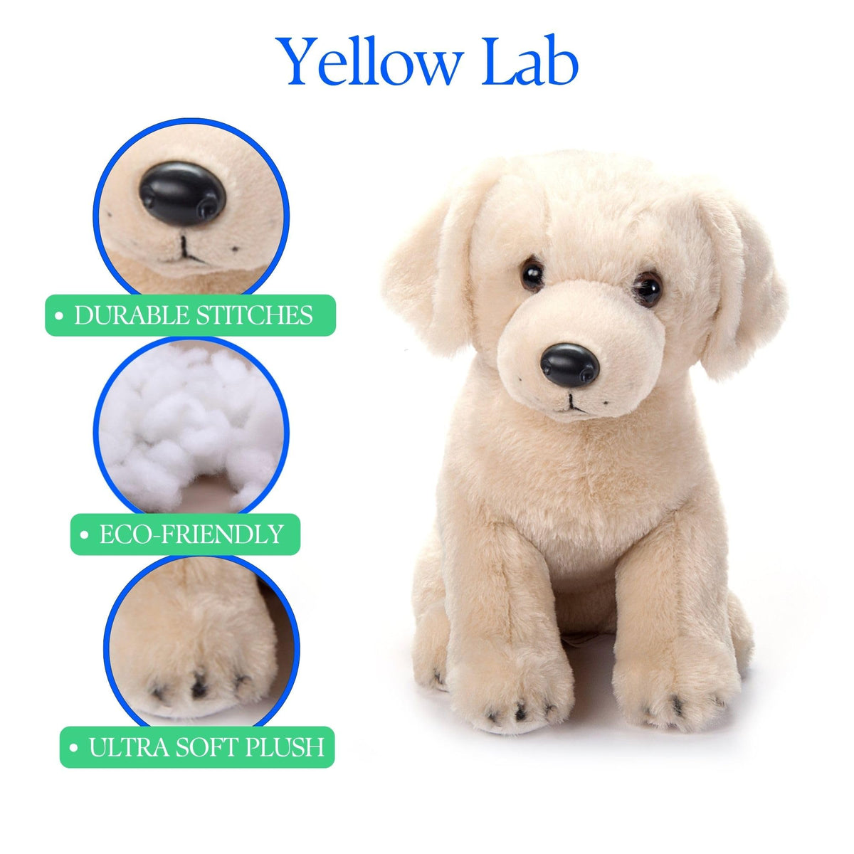 The Petting Zoo yellow lab plush in a sitting pose suits gift-giving occasions.