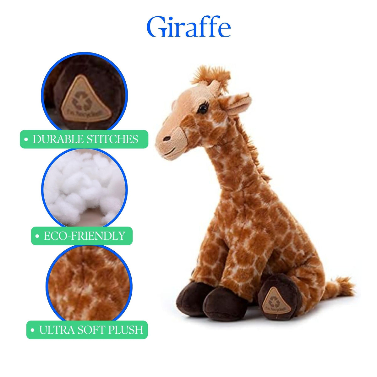 The Petting Zoo giraffe plush recycled fabric material detail.