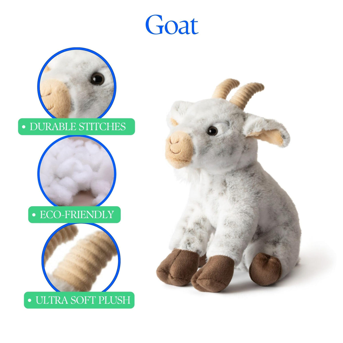 The Petting Zoo Goat plush, 12-inch size, travel-friendly for adventures.