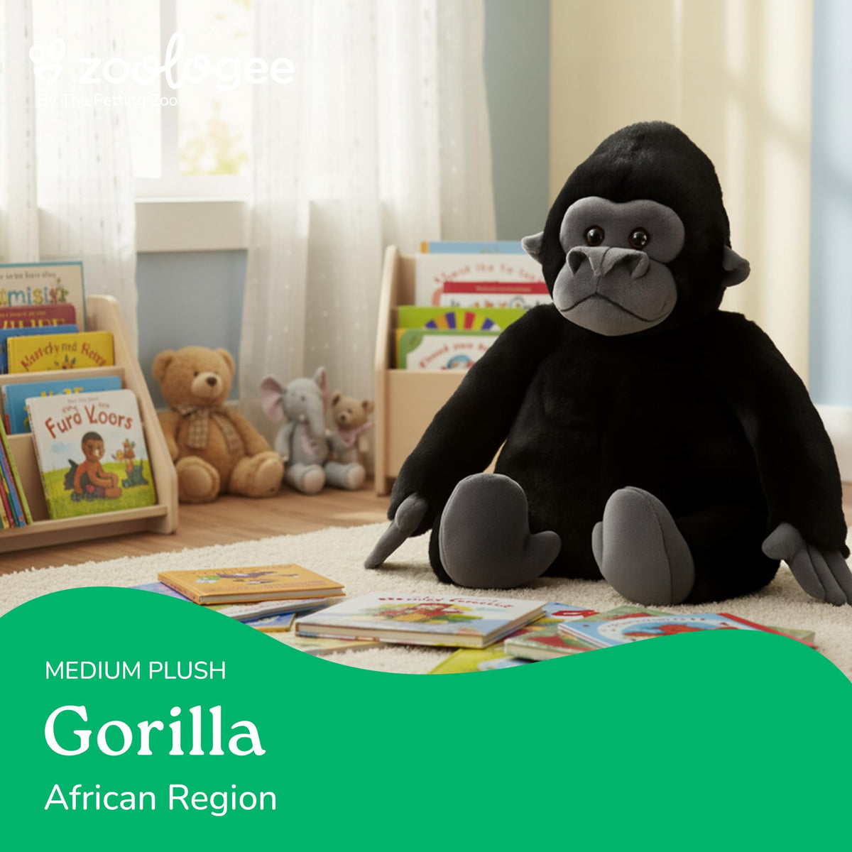 The Petting Zoo gorilla plush face close-up inviting imaginative play.