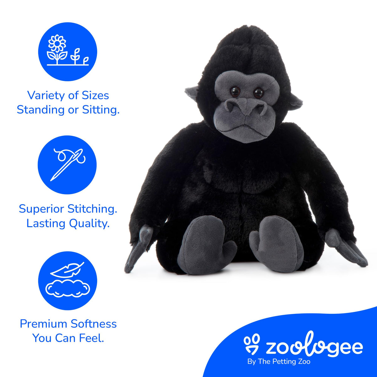 The Petting Zoo gorilla plush with soft fabric and durable stitching detail.