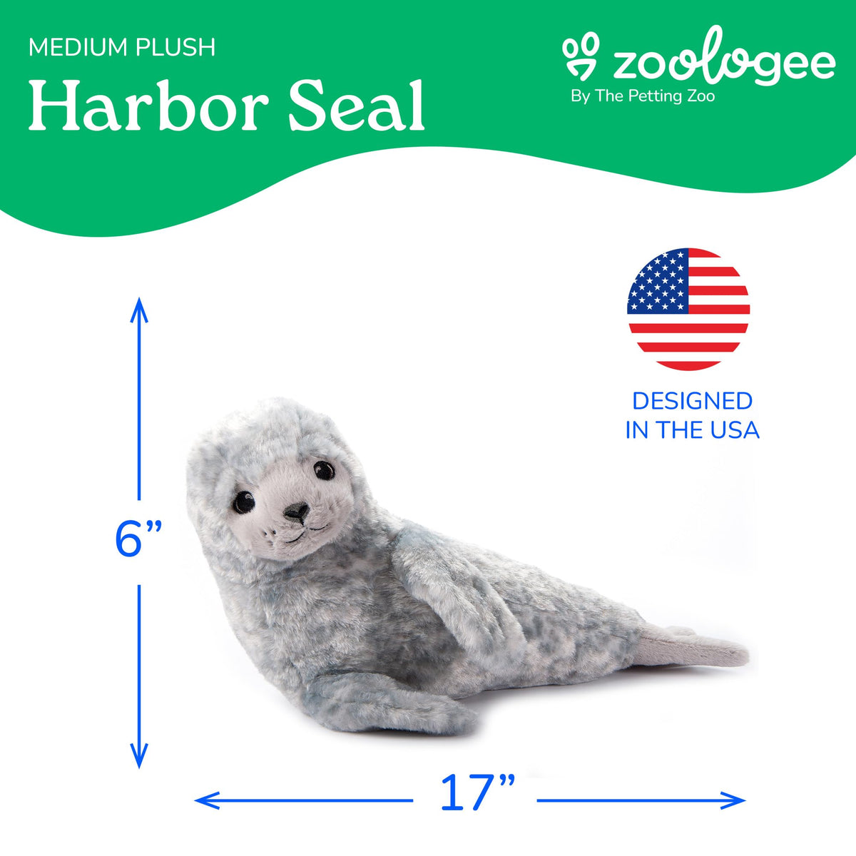The Petting Zoo harbor seal plush showcases speckled fur for realistic sea life play.