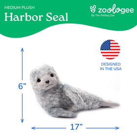 The Petting Zoo harbor seal plush showcases speckled fur for realistic sea life play.