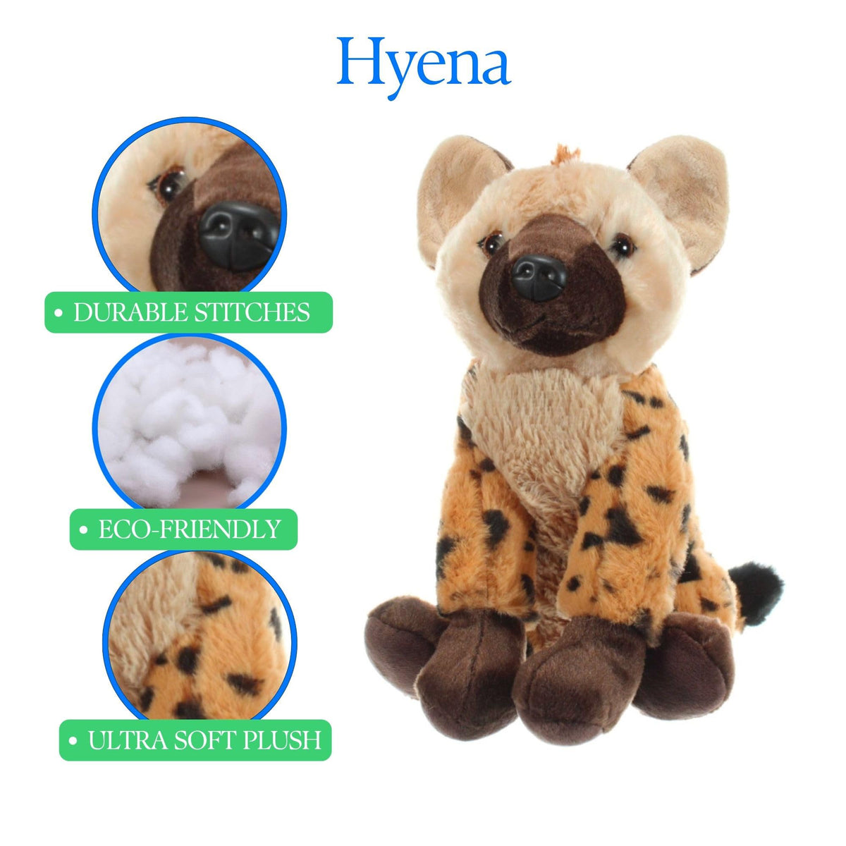 The Petting Zoo Hyena plush made from recycled materials.