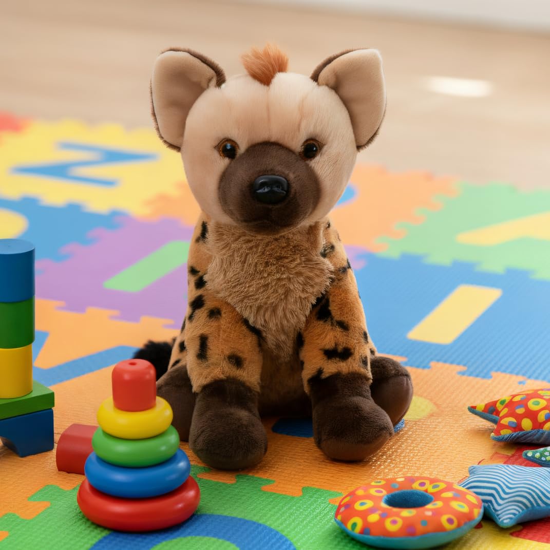 The Petting Zoo Hyena plush with soft fabric for gentle hugs.