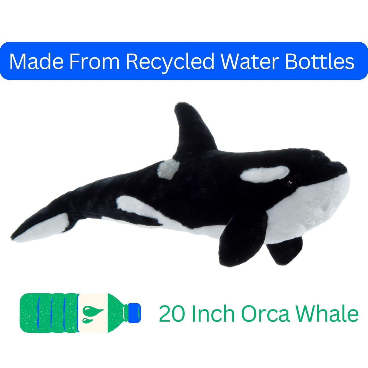 The Petting Zoo Orca plush with care tips for preserving color and shape.
