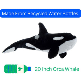The Petting Zoo Orca plush with care tips for preserving color and shape.
