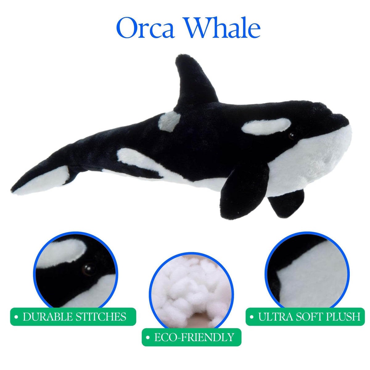 The Petting Zoo Orca plush encouraging imaginative sea adventures for children.