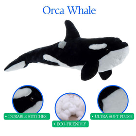 The Petting Zoo Orca plush encouraging imaginative sea adventures for children.