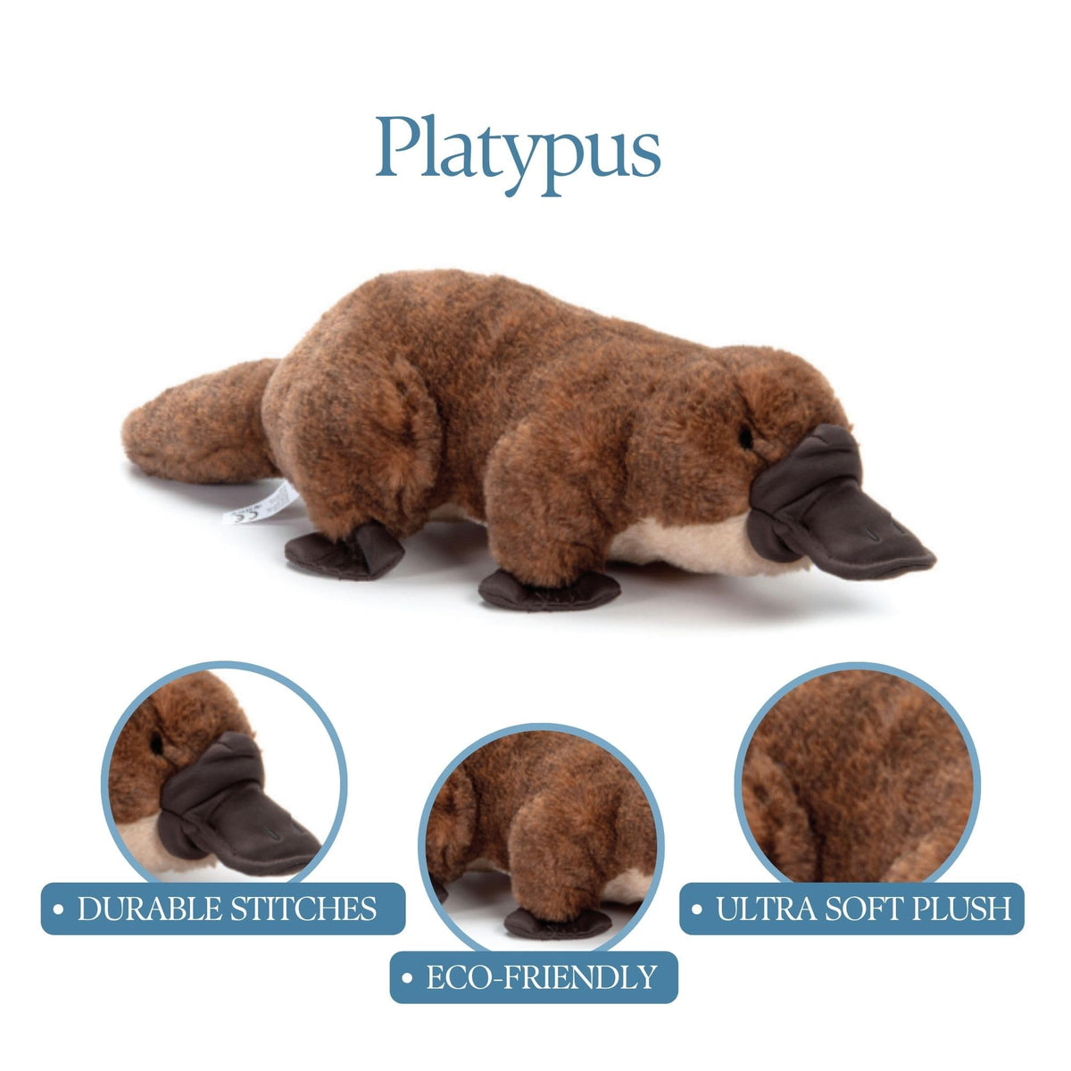 The Petting Zoo platypus plushie with durable stitching for long-lasting kid use.