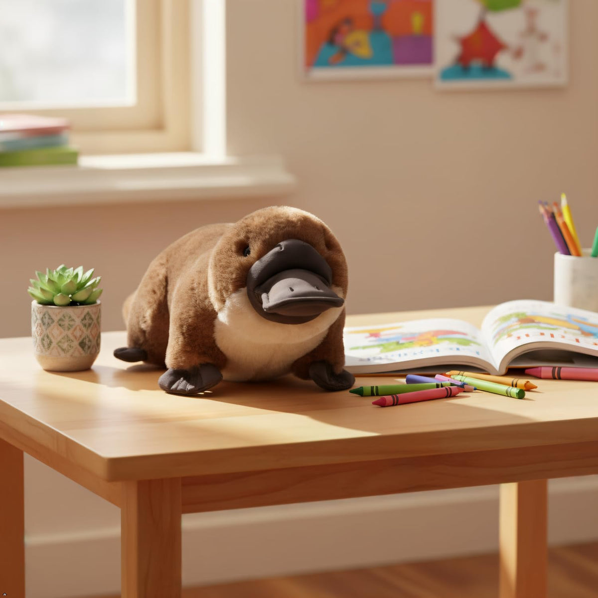 The Petting Zoo platypus plushie, soft furry body for cozy hugs.