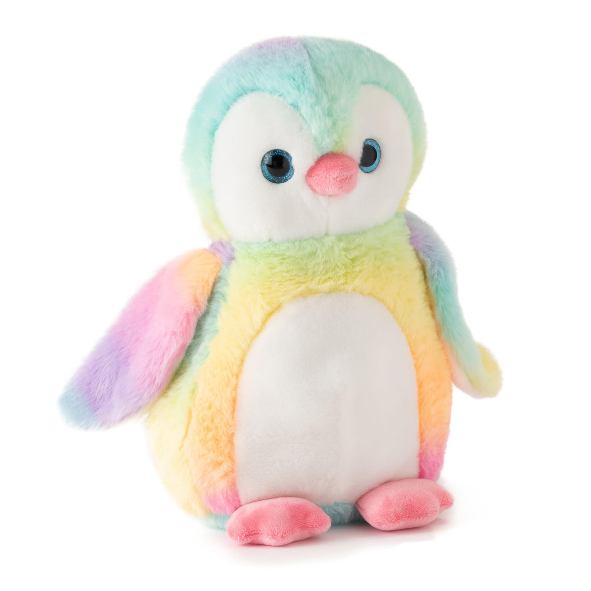 The Petting Zoo rainbow penguin plush, a soft 12-inch cuddle buddy for kids.