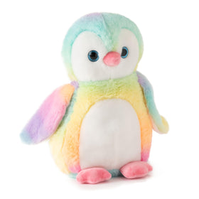 The Petting Zoo rainbow penguin plush, a soft 12-inch cuddle buddy for kids.