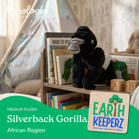 The Petting Zoo Silverback Gorilla plush full body view encourages cuddles and stories