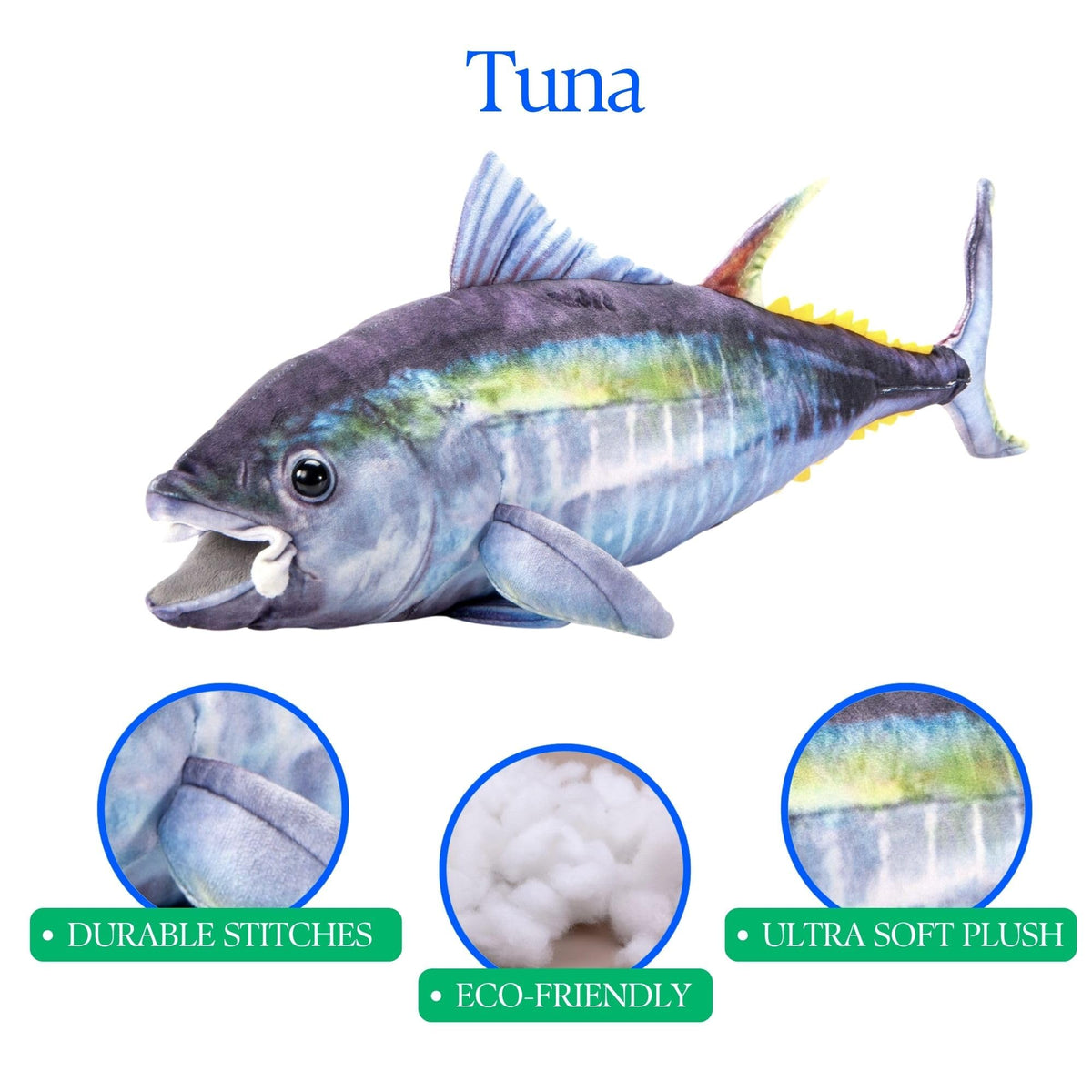The Petting Zoo tuna plush features streamlined, lifelike details for display and storytelling.