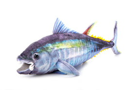 The Petting Zoo tuna plush shows fishy fantasy texture for cozy cuddles.