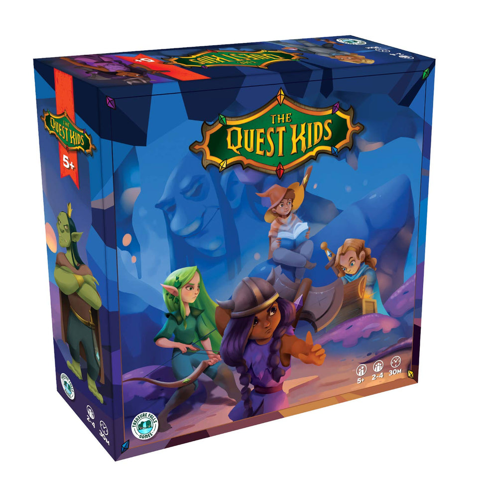 The Quest Kids fantasy board game cover invites family game night with vivid artwork.
