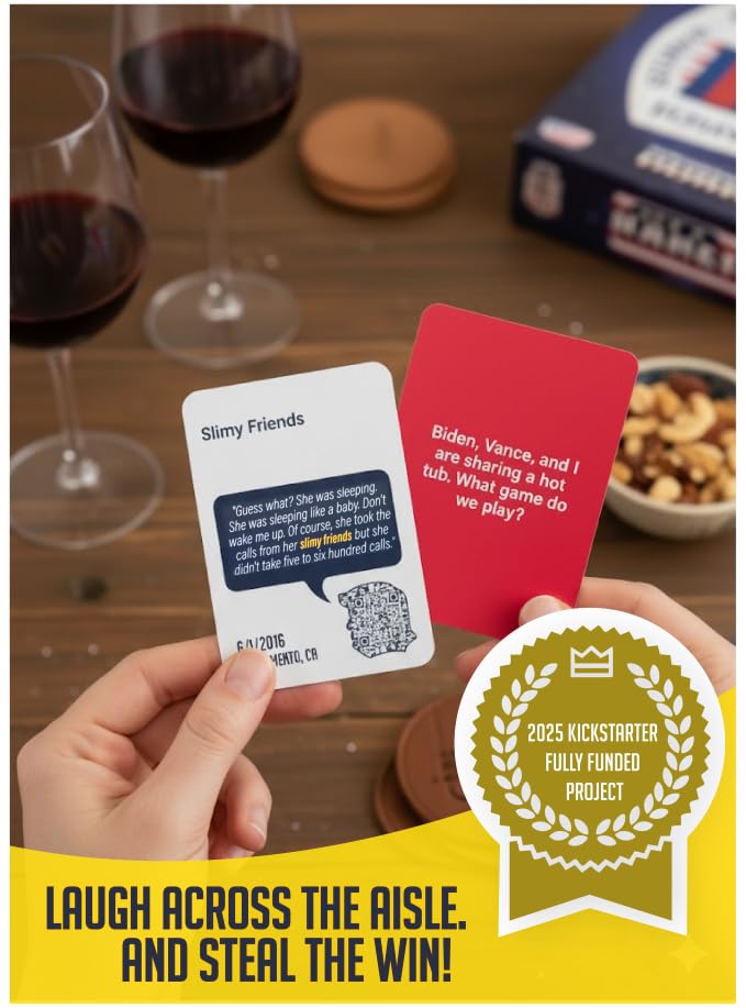 The Trump Card Game prompt cards spread across a table during a game night.
