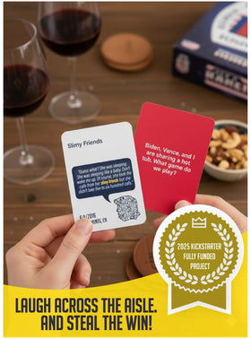 The Trump Card Game prompt cards spread across a table during a game night.