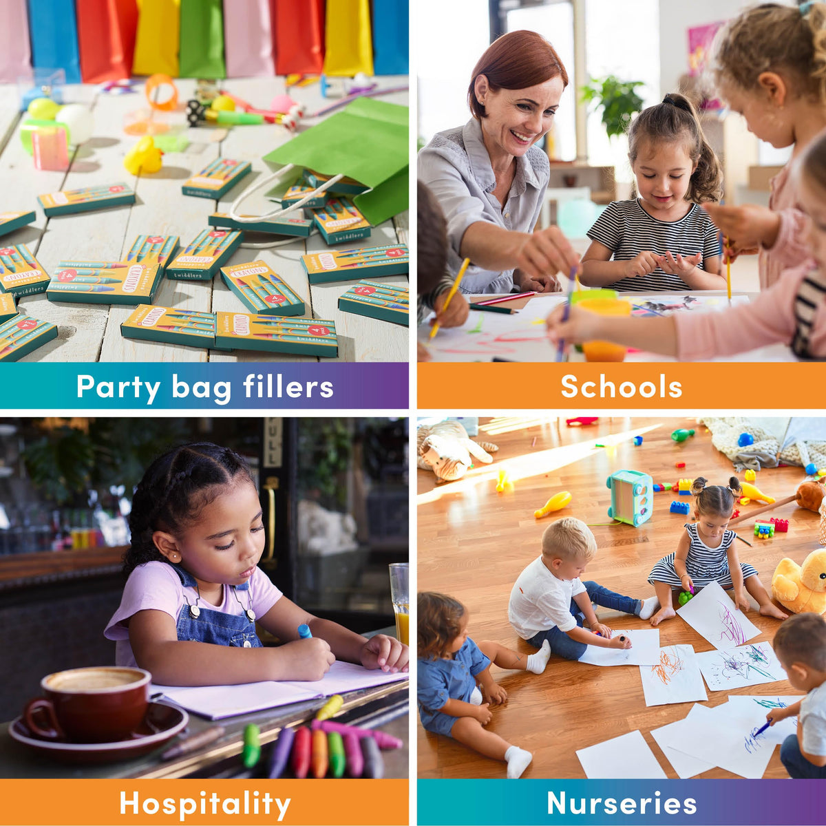 The Twiddlers party-favor packs shown with goody bags for events.