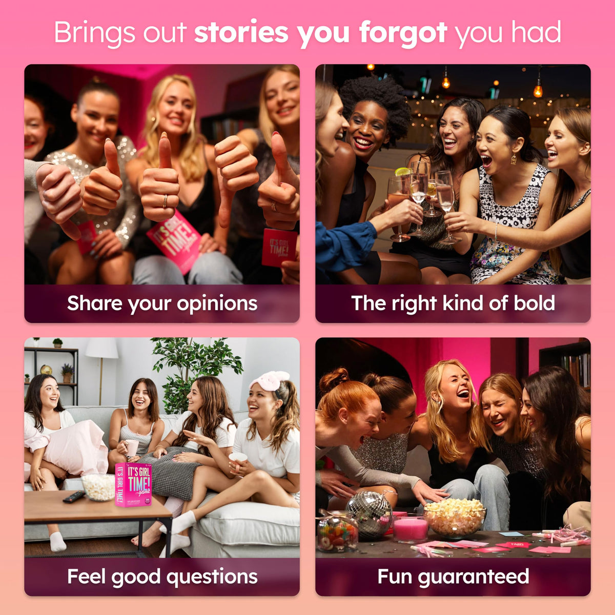 The World Game It's Girl Time Galentines night edition cards spread.