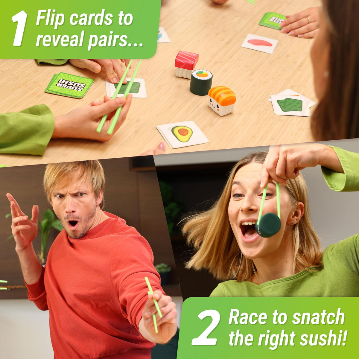 Chopsticks included to grab cards quickly during Super Sushi rounds.