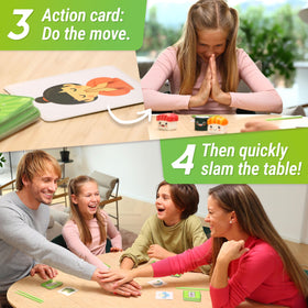A laughing family gathers around Super Sushi for an engaging game night.