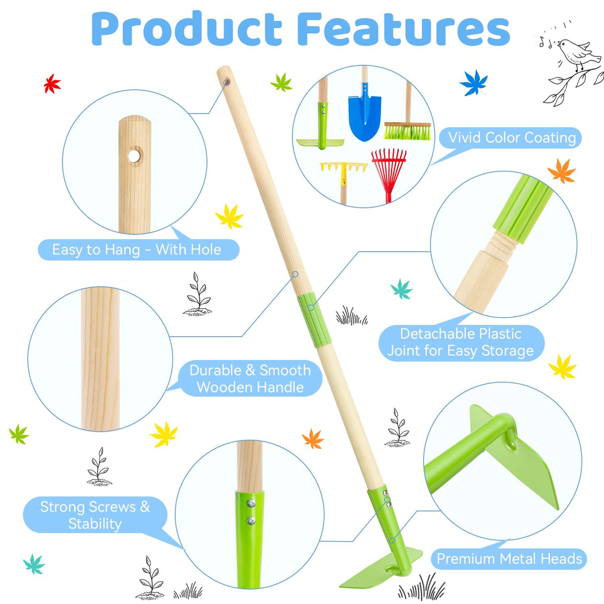 Theefun Kids Garden Tool Set leaf rake supports quick leaves cleanup.