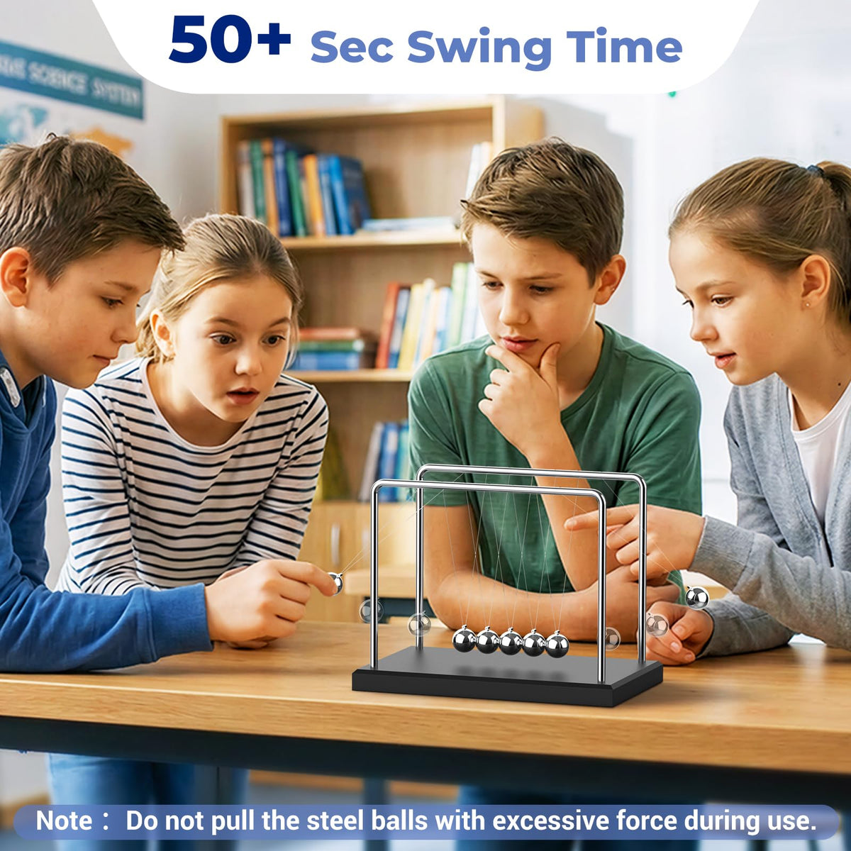 Theefun Newtons Cradle energy transfer demo showing momentum with smooth motion