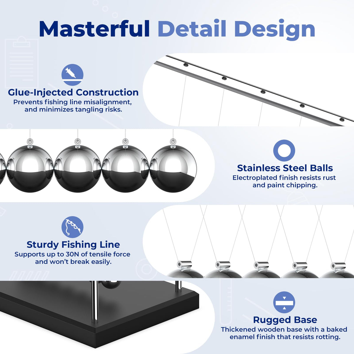 Theefun Newtons Cradle metal balls close-up emphasizing accurate collision transfer