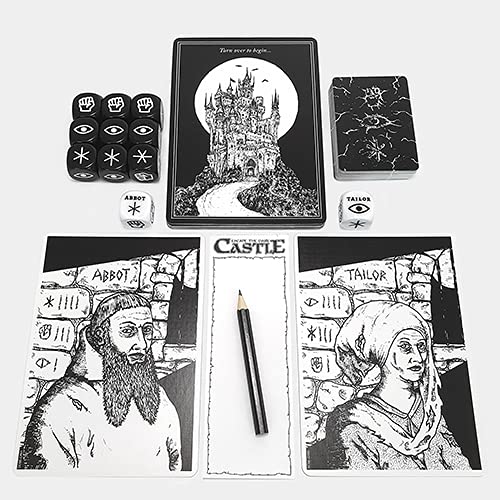 Prisoners and dice from Themeborne's Escape The Dark Castle highlight cooperative problem-solving.
