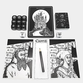 Prisoners and dice from Themeborne's Escape The Dark Castle highlight cooperative problem-solving.