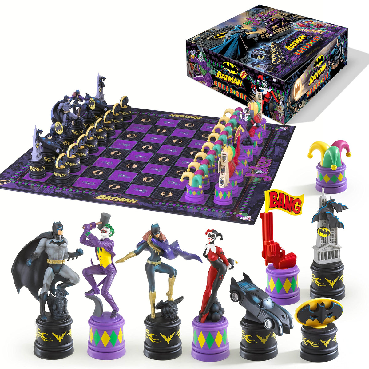 The Noble Collection Batman chess board with black and purple pattern for dramatic game nights