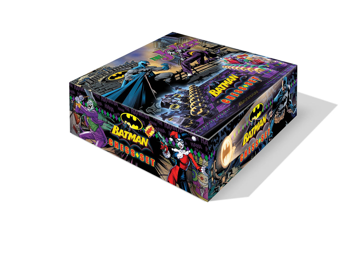 The Noble Collection Batman chess pieces arranged for a Gotham duel