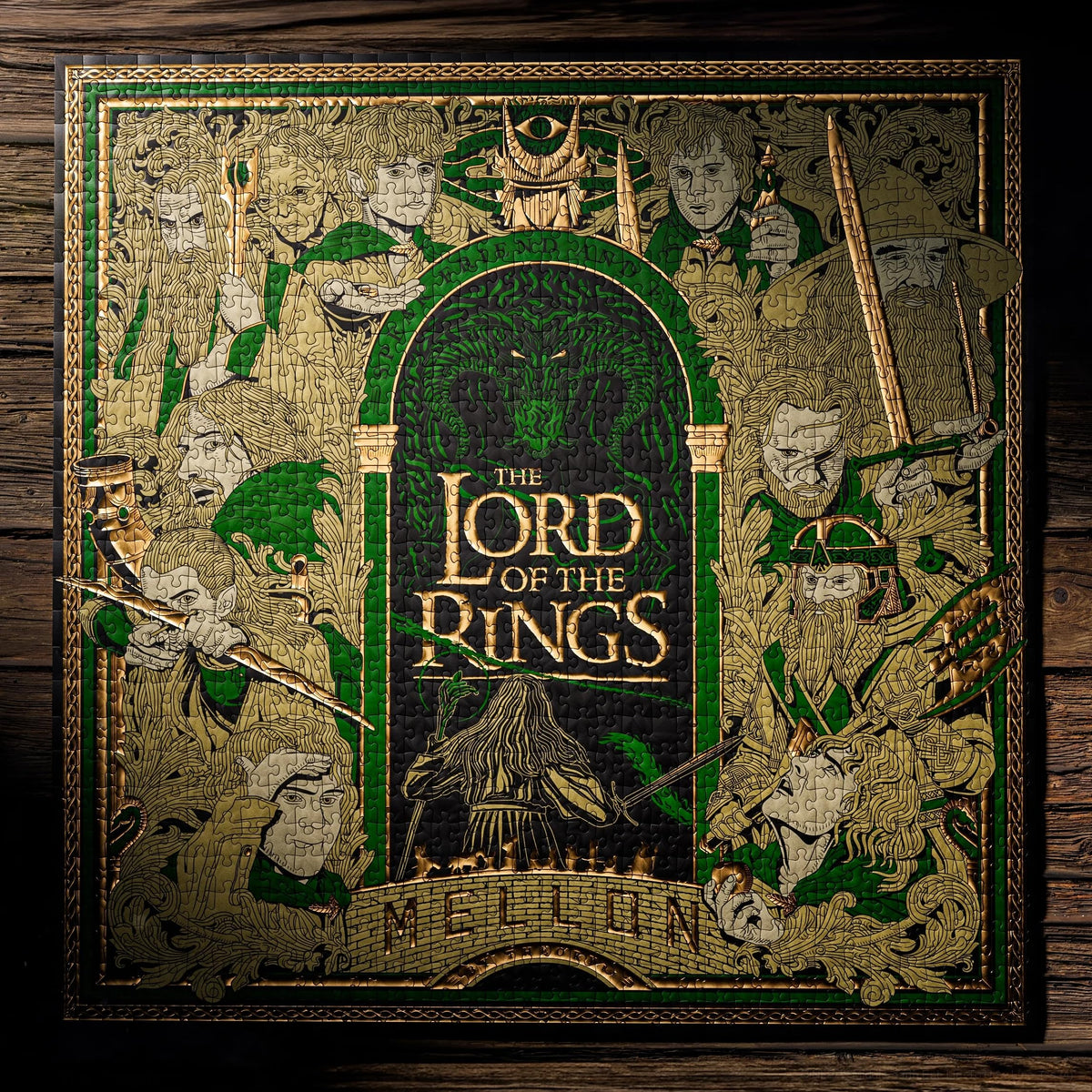 theory11 Lord of the Rings puzzle foil details highlight gold and green accents on pieces