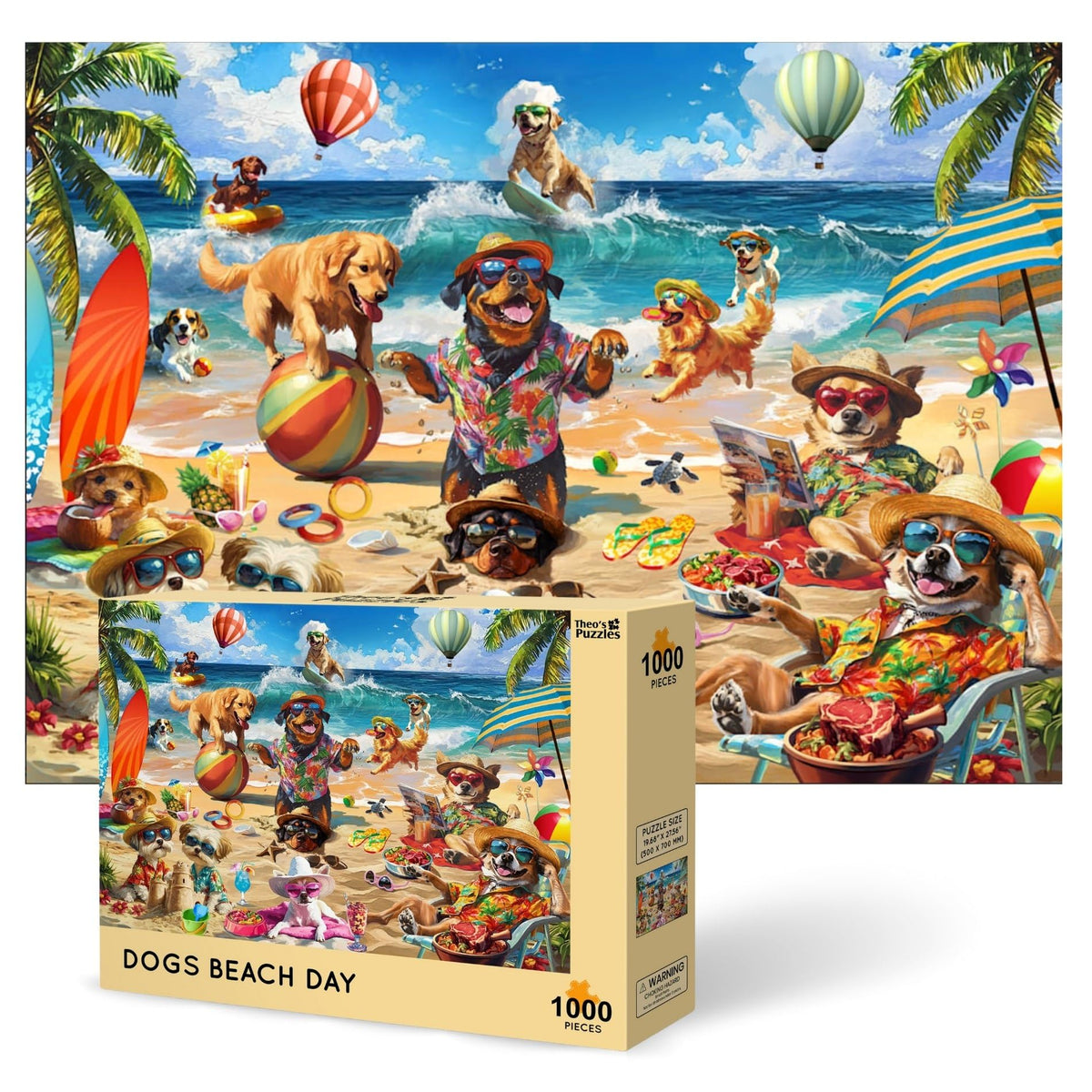 Theo's Puzzles 1000-piece dogs on the beach image for family puzzle time and focus