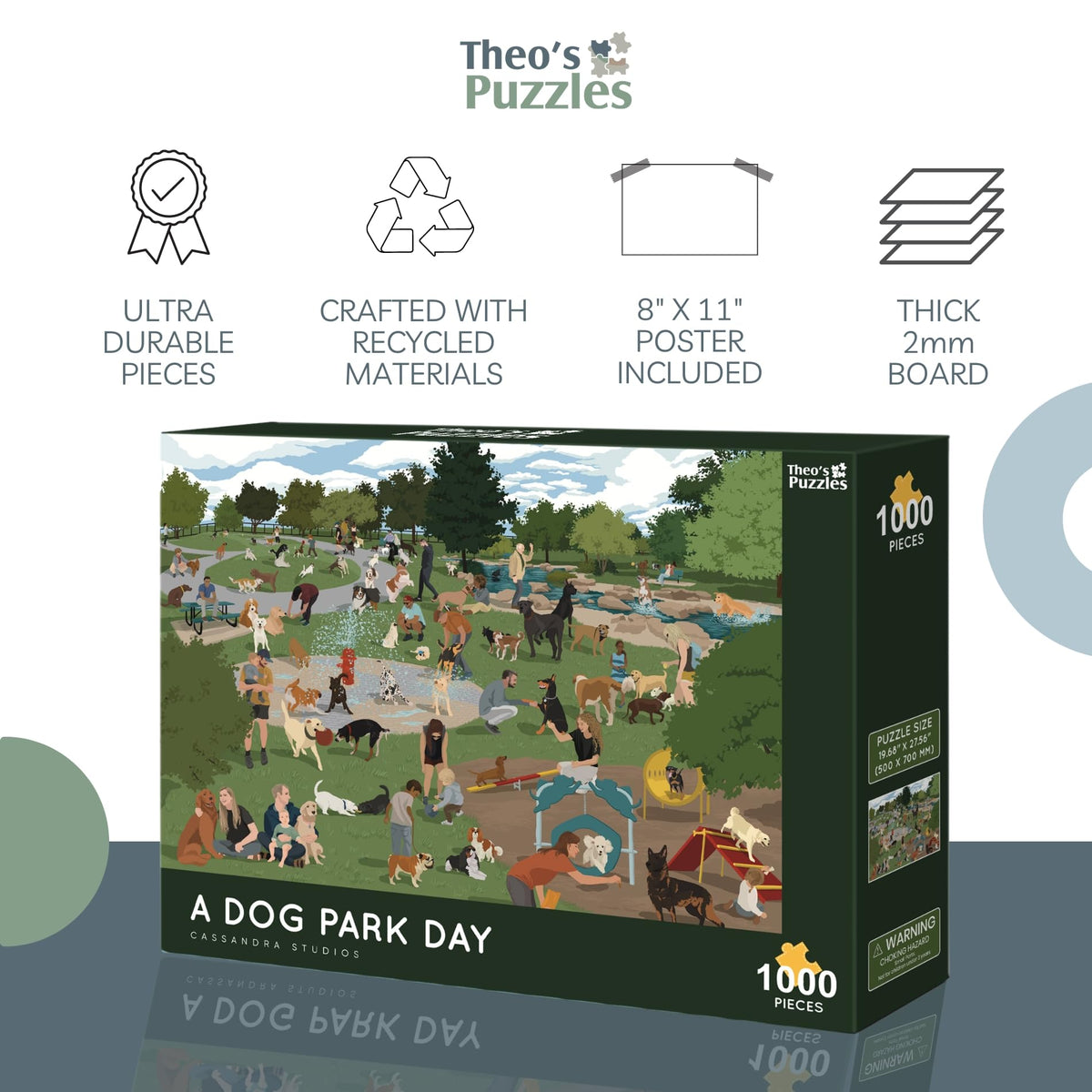 Theo's Puzzles poster and resealable storage bag included for easy organization.