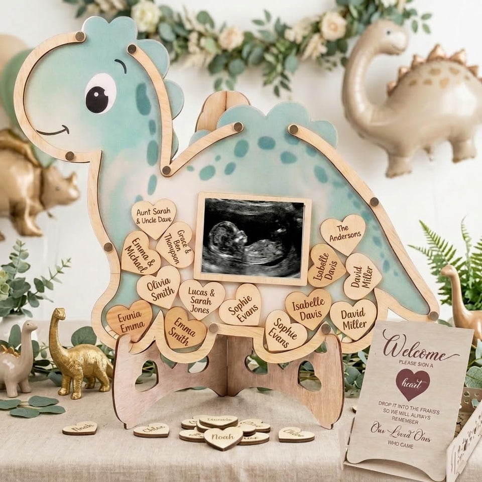 The Real Bossy Baby OneaSaurus guest book frame closeup highlighting premium craft and lasting keepsake