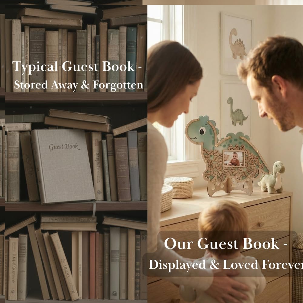 The Real Bossy Baby OneaSaurus guest book frame hosts signed tokens for a tangible memory collection